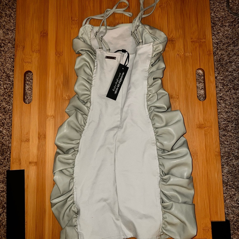 VEGAN LEATHER RUCHED SIDE MINI DRESS - SAGE GREEN